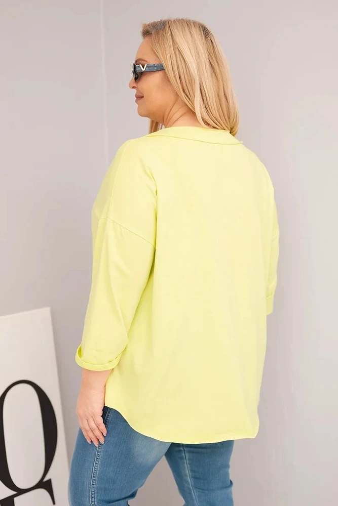 Moteriška Plus Size palaidinė su V formos iškirpte, asimetrine apačia, neoninės geltonos spalvos