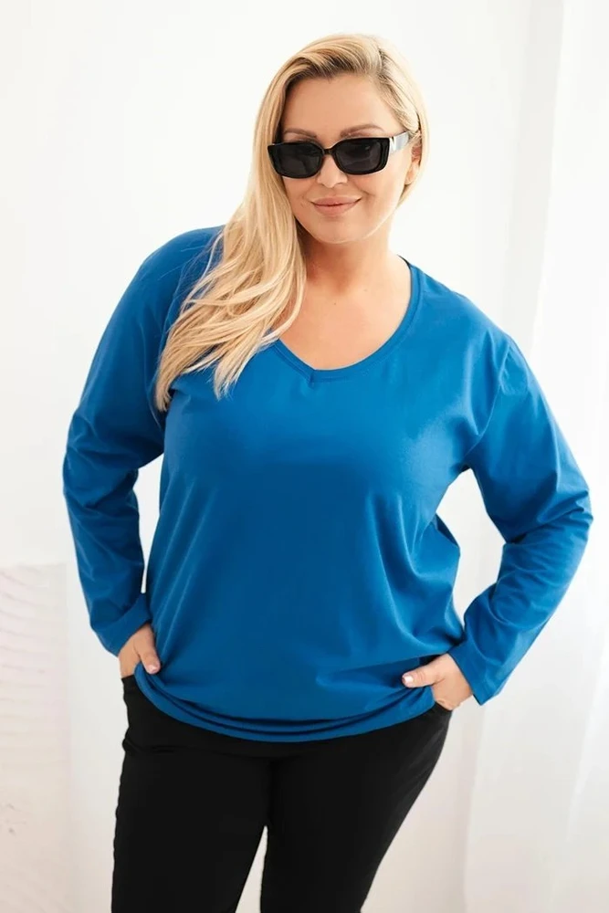 Moteriška Plus Size palaidinė su V formos iškirpte ir ilgomis rankovėmis, kobalto mėlynos spalvos