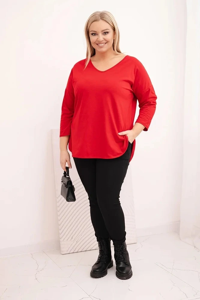 Moteriška Plus Size palaidinė su V formos iškirpte ir rankogaliais, raudonos spalvos