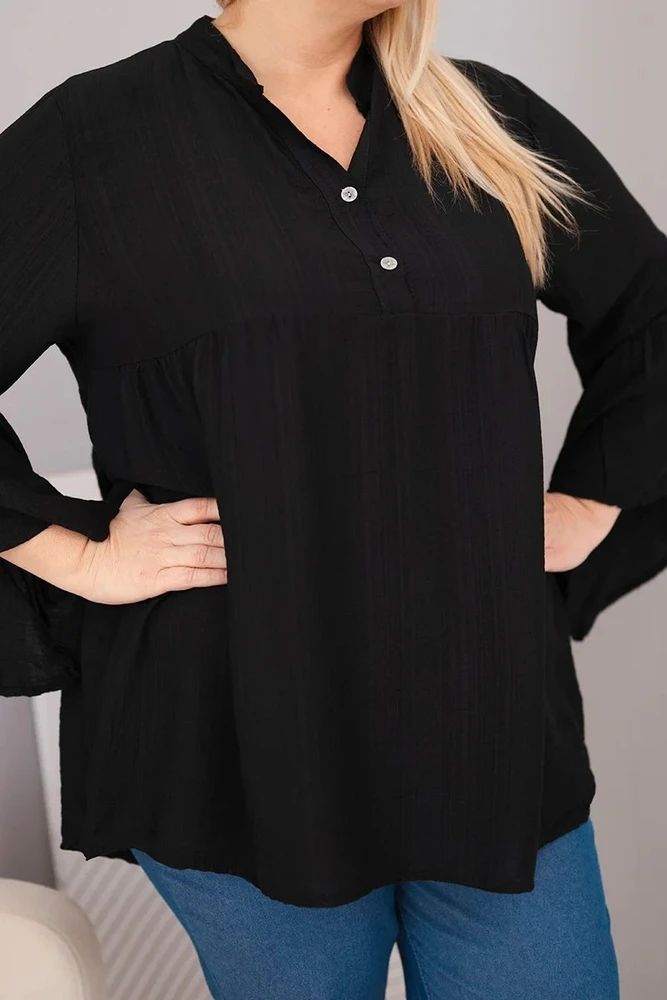 Moteriška Plus Size palaidinė su V formos iškirpte ir rankovėmis su raukiniais, juoda