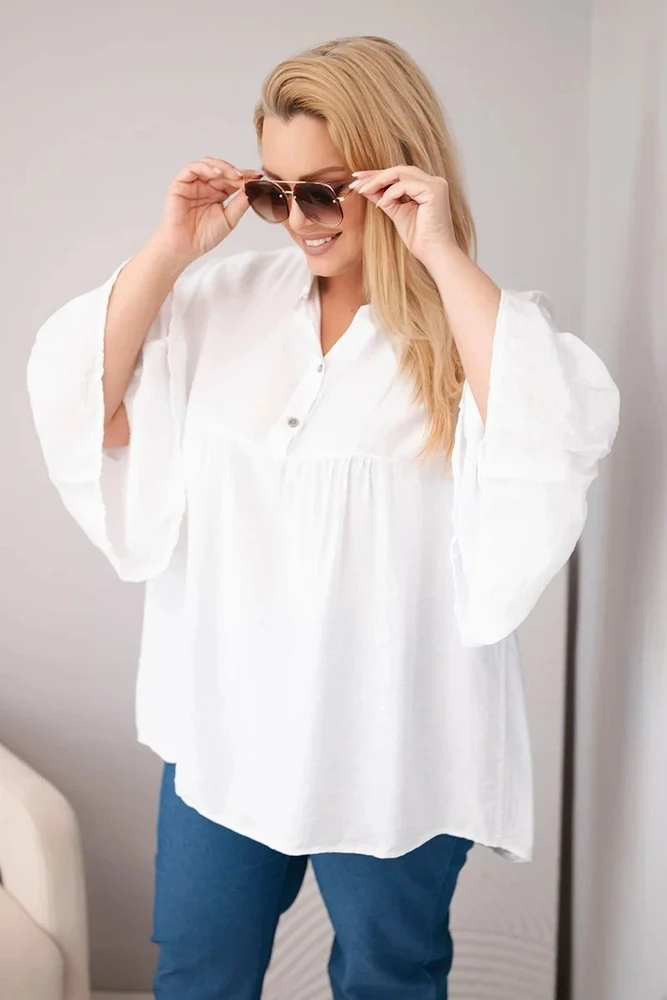 Moteriška Plus Size palaidinė su V formos iškirpte ir rauktomis rankovėmis, balta