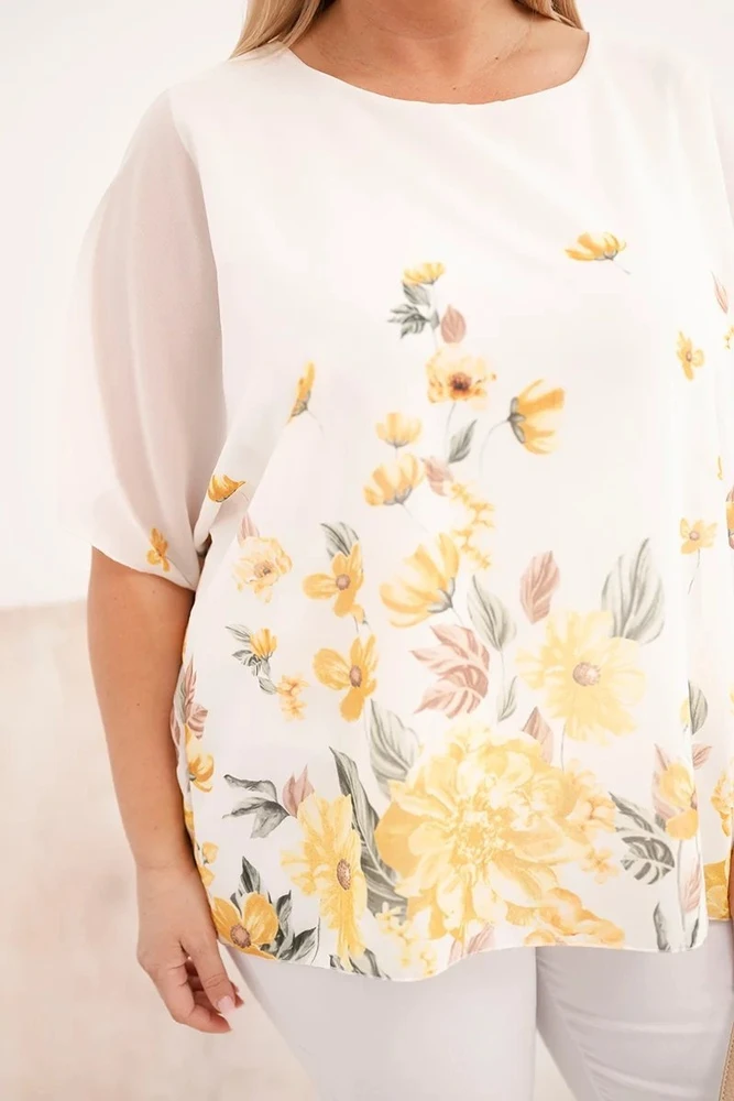 Moteriška Plus Size palaidinė trumpomis rankovėmis su gėlių raštu, geltona