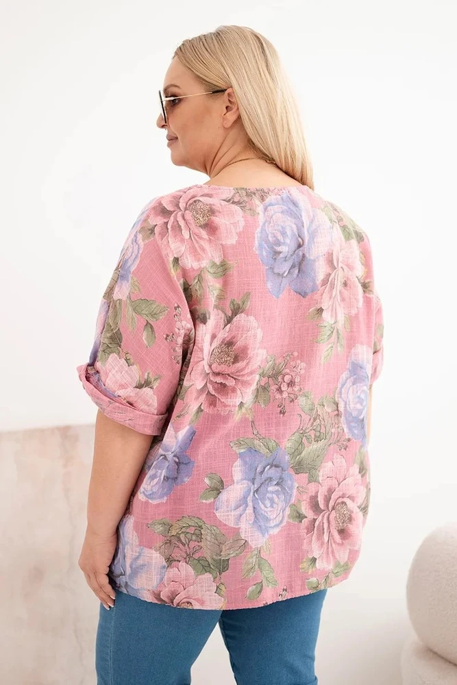 Moteriška Plus Size palaidinė trumpomis rankovėmis, tamsiai rožinė su gėlių raštu