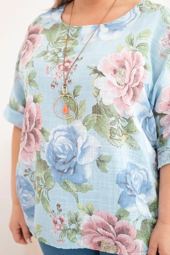 Moteriška Plus Size palaidinė trumpomis rankovėmis su gėlių raštu, mėlyna