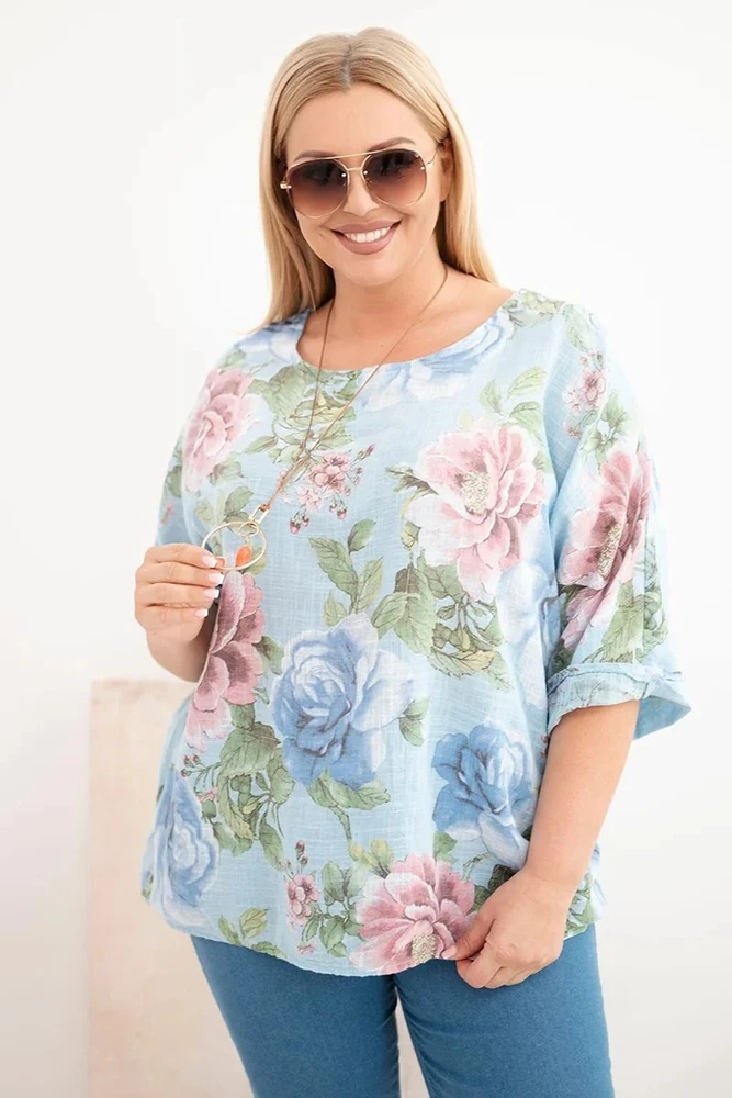 Moteriška Plus Size palaidinė trumpomis rankovėmis su gėlių raštu, mėlyna