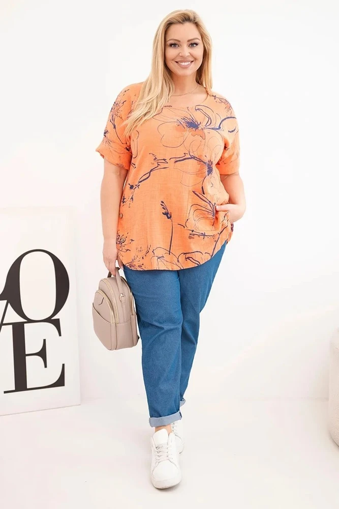 Moteriška Plus Size palaidinė trumpomis rankovėmis su kišene, oranžinė