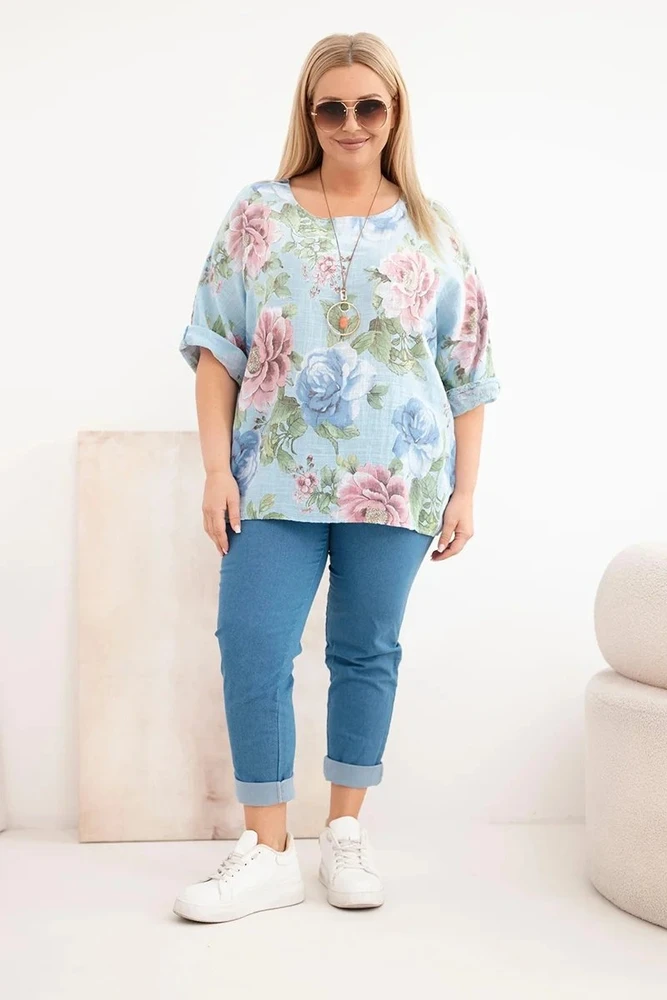 Moteriška Plus Size palaidinė trumpomis rankovėmis su gėlių raštu, mėlyna