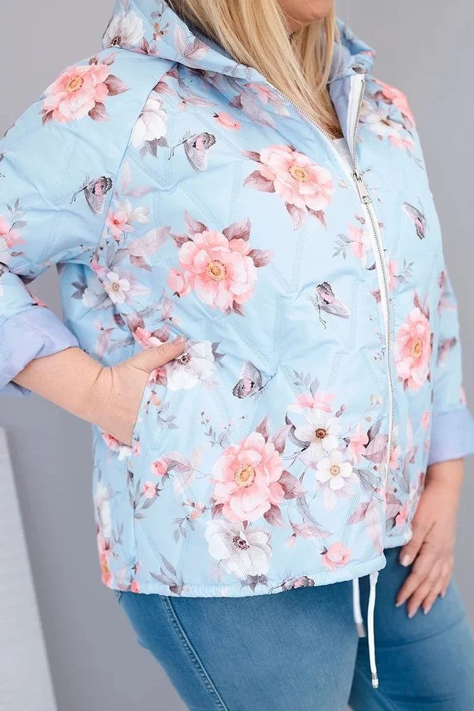 Moteriška Plus Size pavasarinė pikota striukė su gobtuvu ir gėlių raštu, mėlynos spalvos