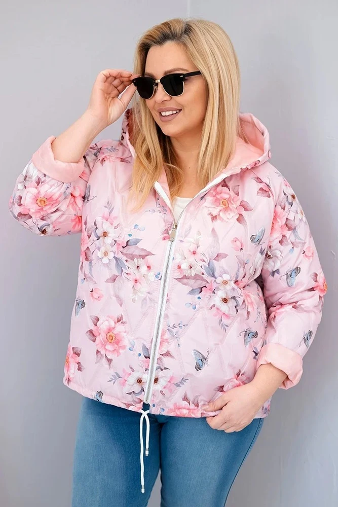 Moteriška Plus Size pavasarinė pikota striukė su gobtuvu ir gėlių raštu, pudrinės rožinės spalvos