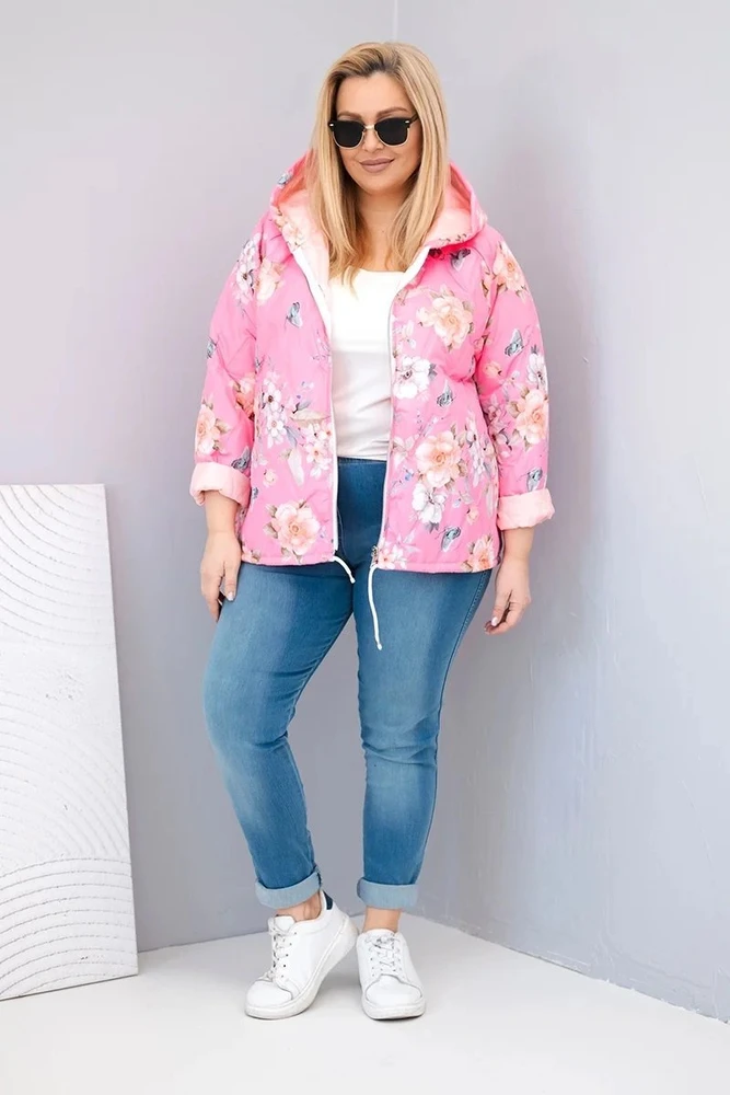 Moteriška Plus Size pavasarinė pikota striukė su gobtuvu ir gėlių raštu, šviesiai rožinė