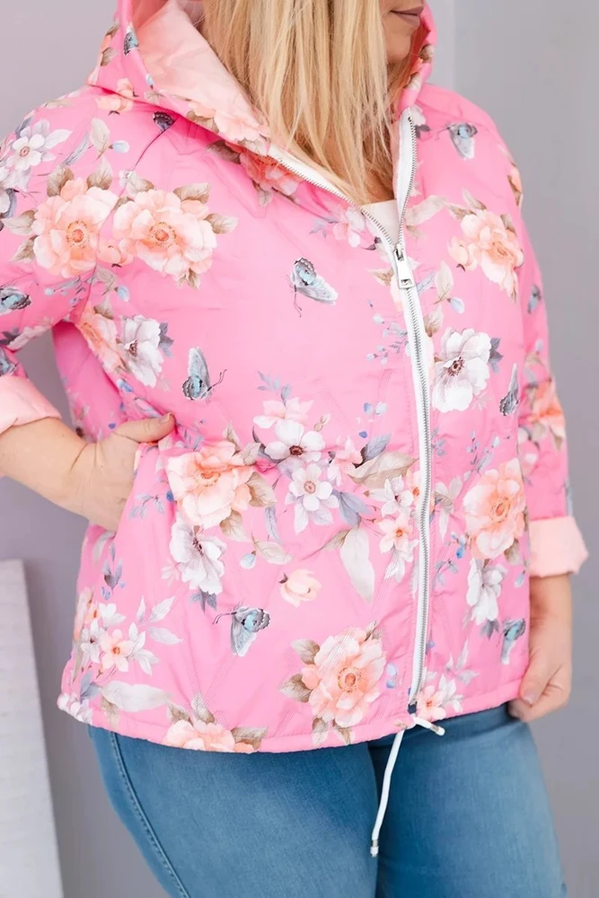 Moteriška Plus Size pavasarinė pikota striukė su gobtuvu ir gėlių raštu, šviesiai rožinė