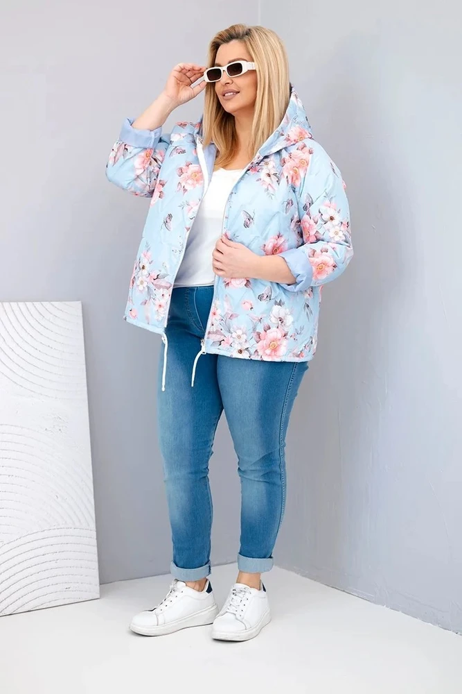 Moteriška Plus Size pavasarinė pikota striukė su gobtuvu ir gėlių raštu, mėlynos spalvos