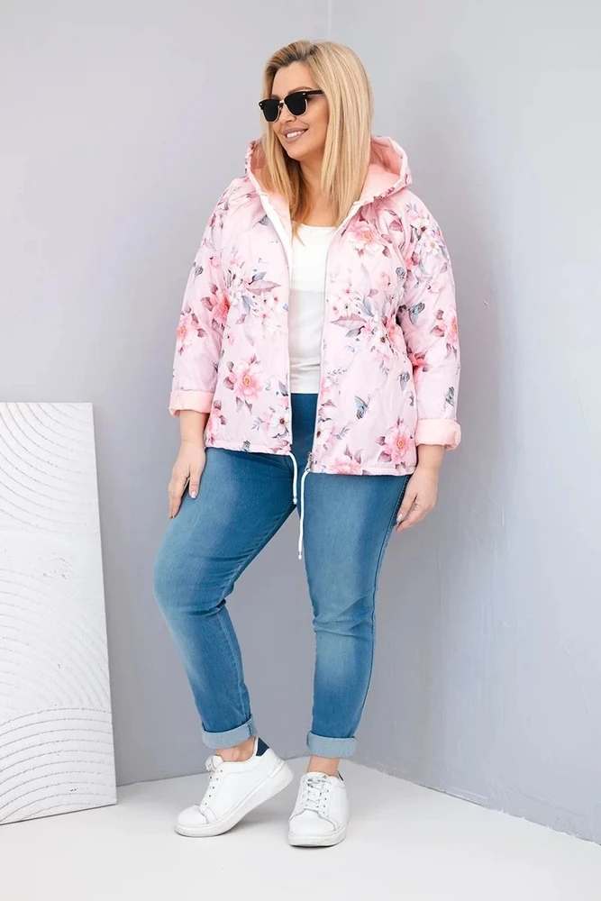 Moteriška Plus Size pavasarinė pikota striukė su gobtuvu ir gėlių raštu, pudrinės rožinės spalvos