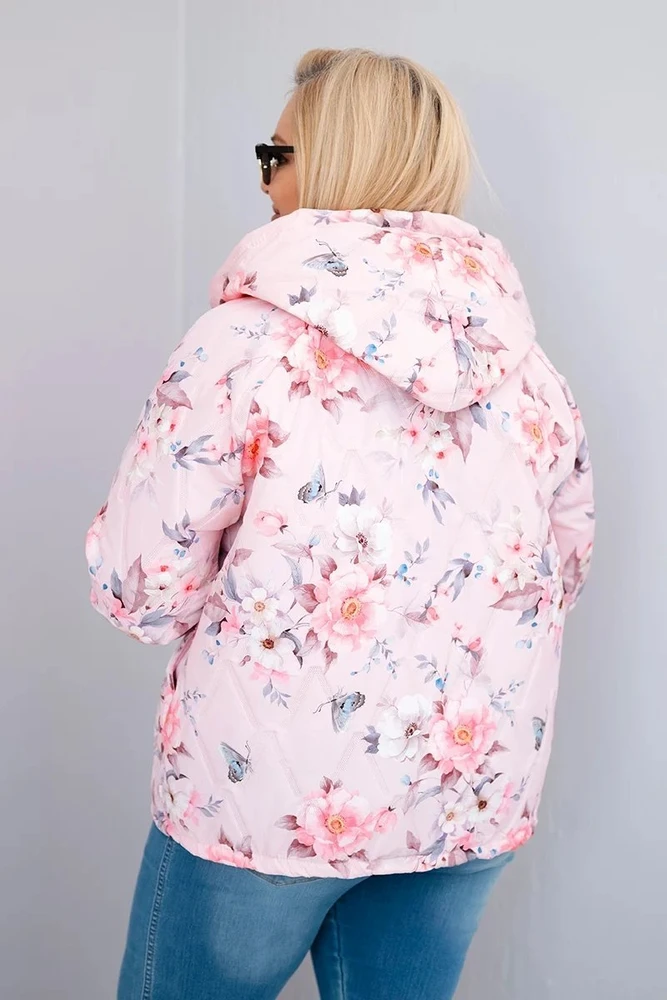 Moteriška Plus Size pavasarinė pikota striukė su gobtuvu ir gėlių raštu, pudrinės rožinės spalvos
