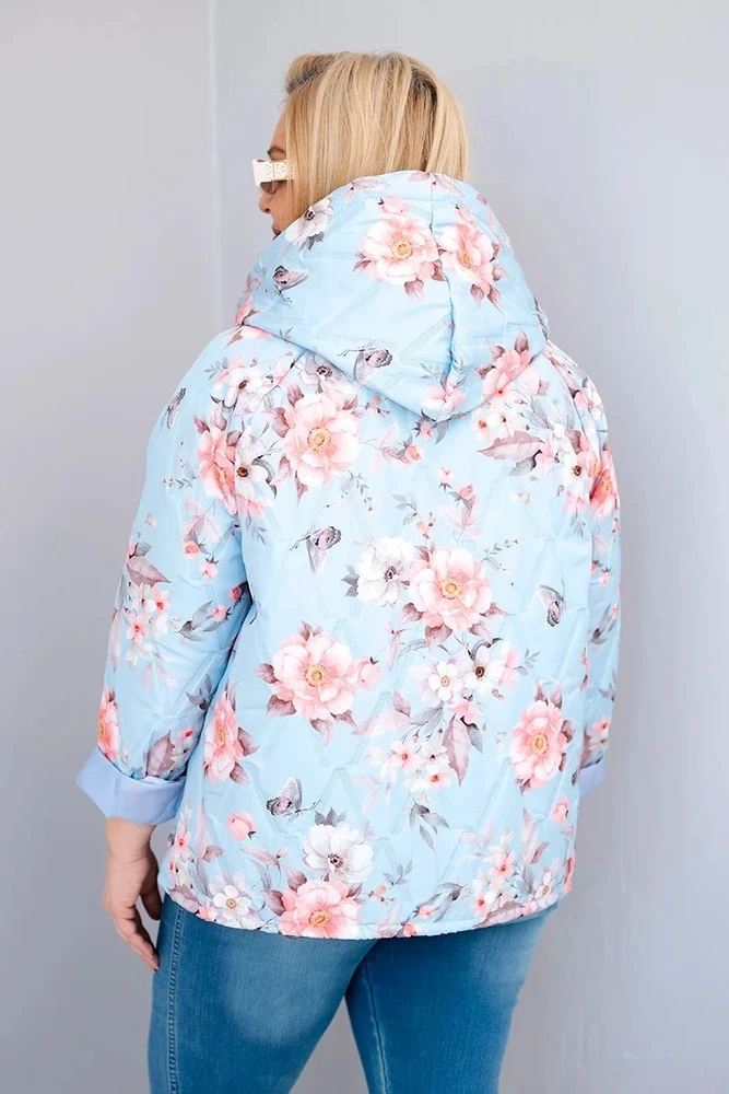 Moteriška Plus Size pavasarinė pikota striukė su gobtuvu ir gėlių raštu, mėlynos spalvos