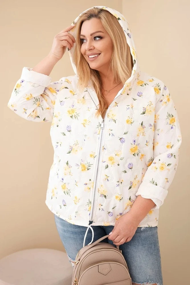 Moteriška Plus Size pavasarinė striukė su gėlių raštu, geltonos spalvos