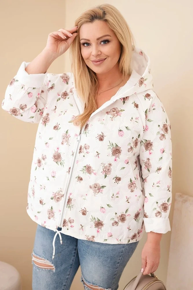 Moteriška Plus Size pavasarinė striukė su gėlių raštu, kapučino spalvos