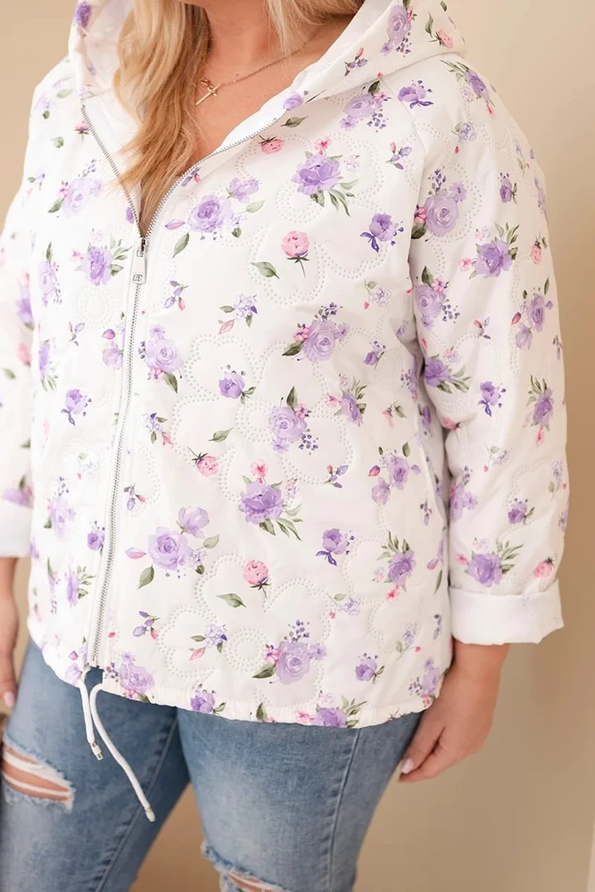 Moteriška Plus Size pavasarinė striukė su gėlių raštu, violetinės spalvos