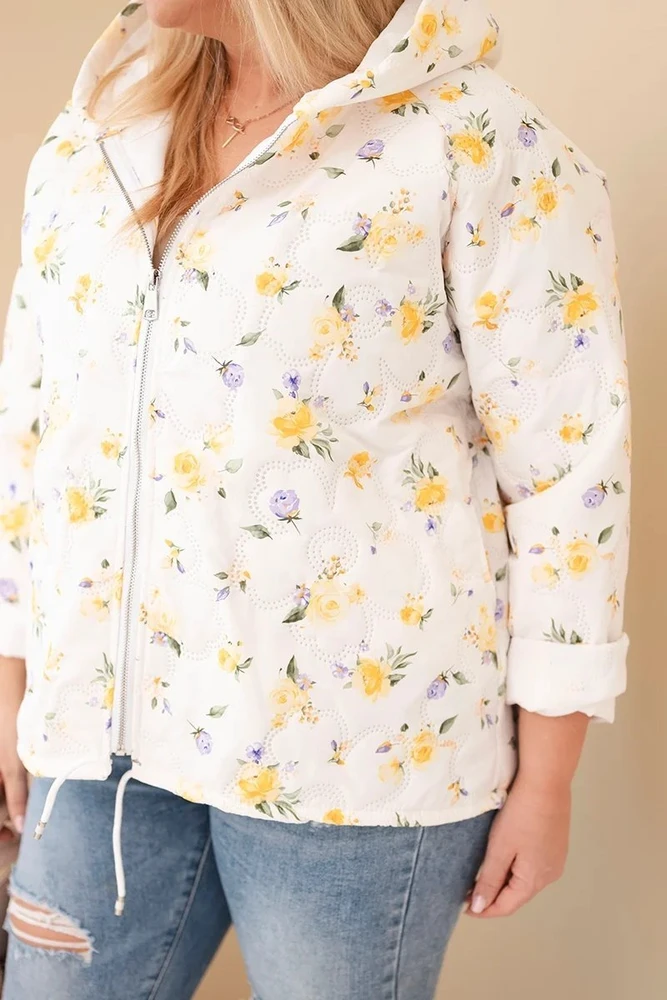 Moteriška Plus Size pavasarinė striukė su gėlių raštu, geltonos spalvos