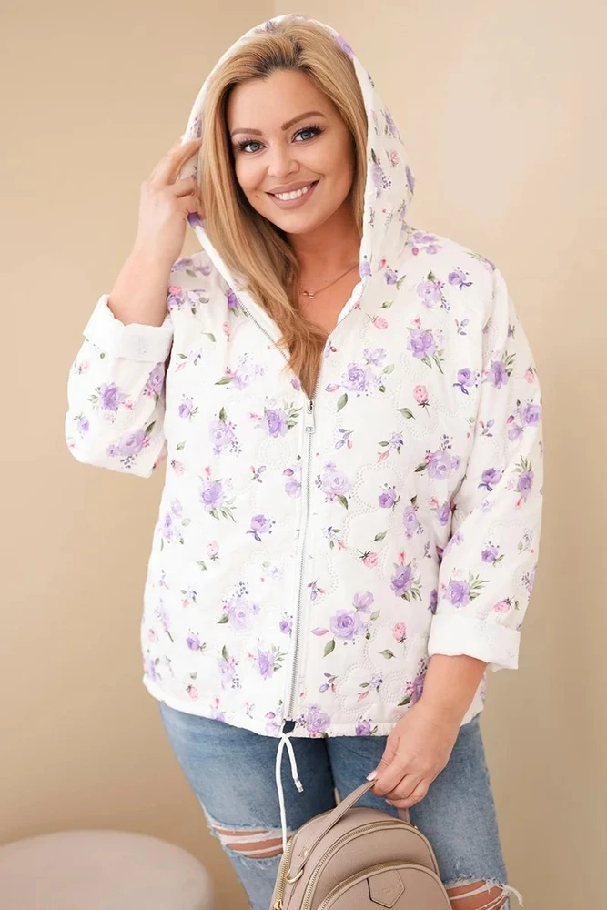 Moteriška Plus Size pavasarinė striukė su gėlių raštu, violetinės spalvos