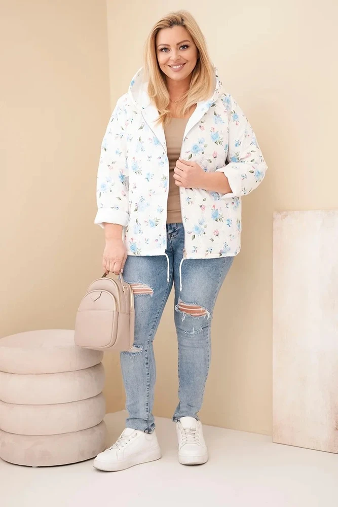 Moteriška Plus Size pavasarinė striukė su gėlių raštu, mėlynos spalvos