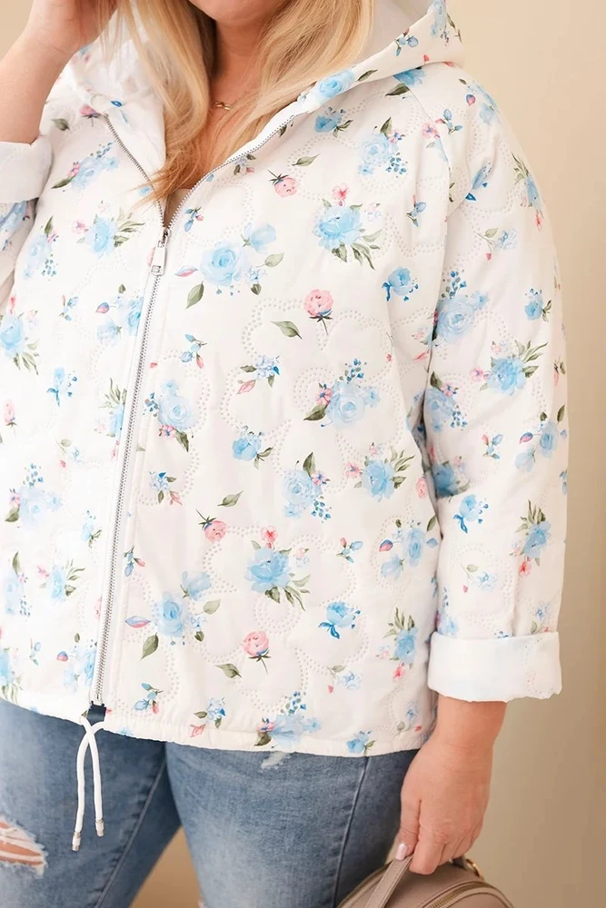 Moteriška Plus Size pavasarinė striukė su gėlių raštu, mėlynos spalvos