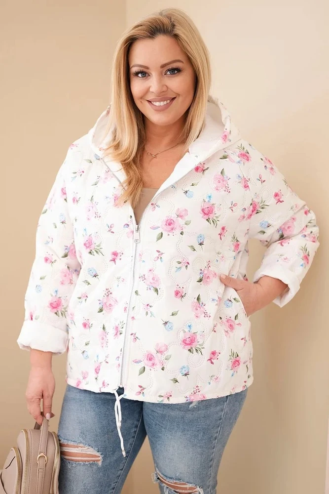 Moteriška Plus Size pavasarinė striukė su gėlių raštu, rožinės spalvos