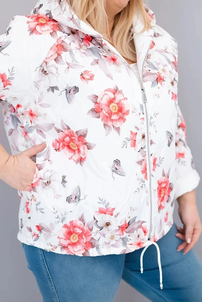 Moteriška Plus Size pikota pavasarinė striukė su gobtuvu, baltos spalvos