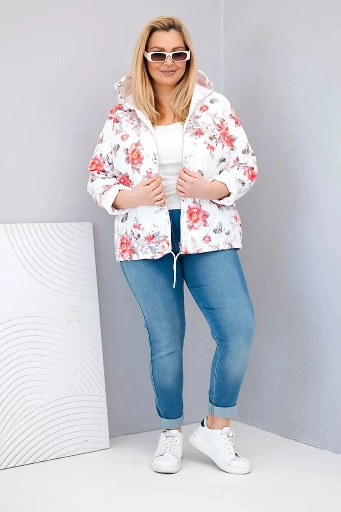 Moteriška Plus Size pikota pavasarinė striukė su gobtuvu, baltos spalvos