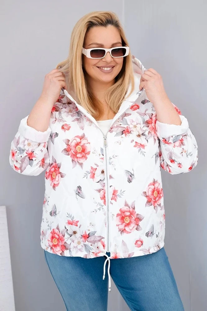Moteriška Plus Size pikota pavasarinė striukė su gobtuvu, baltos spalvos