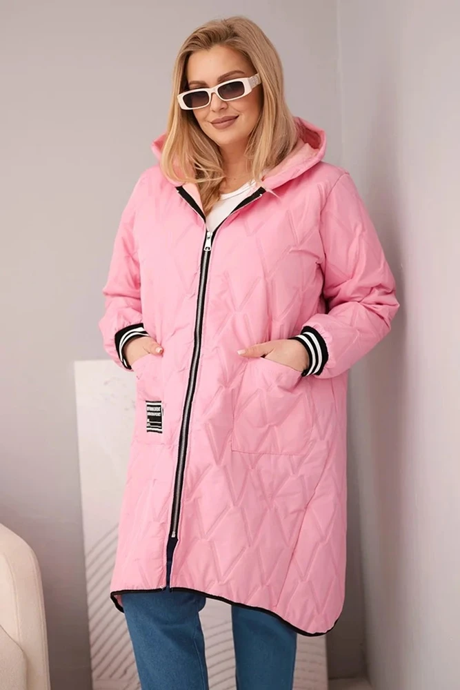 Moteriška Plus Size pikūota striukė su gobtuvu ir sportiniais rankogaliais, rožinės spalvos