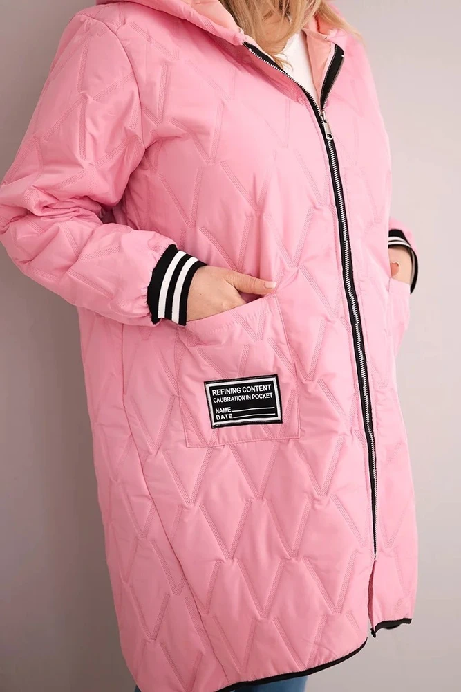 Moteriška Plus Size pikūota striukė su gobtuvu ir sportiniais rankogaliais, rožinės spalvos