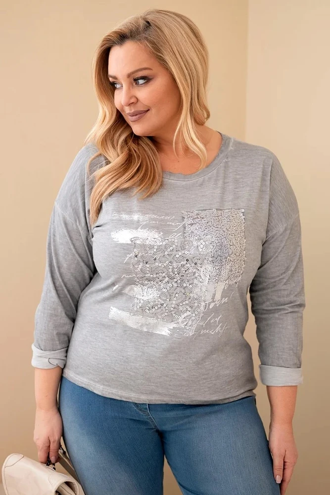 Moteriška Plus Size pilka palaidinė su spaudiniu ir ilgesne nugara