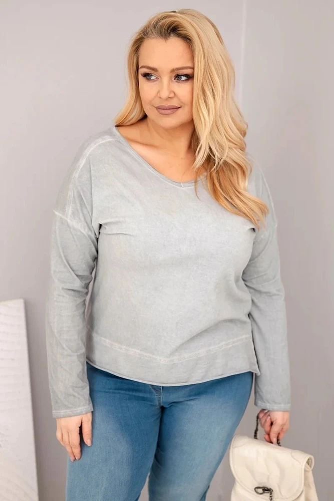 Moteriška Plus Size pilka palaidinė su V formos iškirpte ir ilgesne nugara