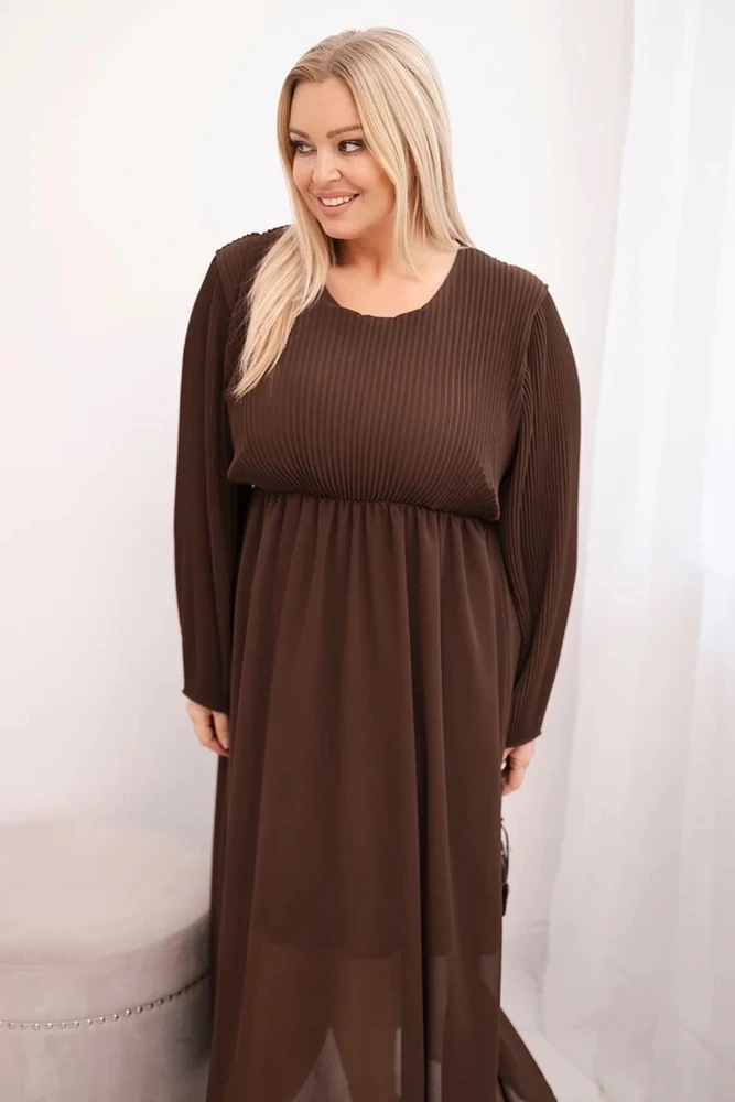 Moteriška Plus Size plisuota suknelė ilgomis rankovėmis, rudos spalvos