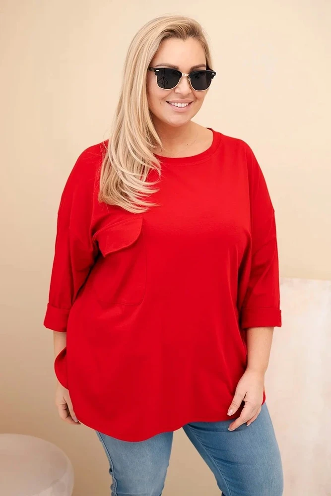 Moteriška Plus Size raudona palaidinė su medvilne ir kišene