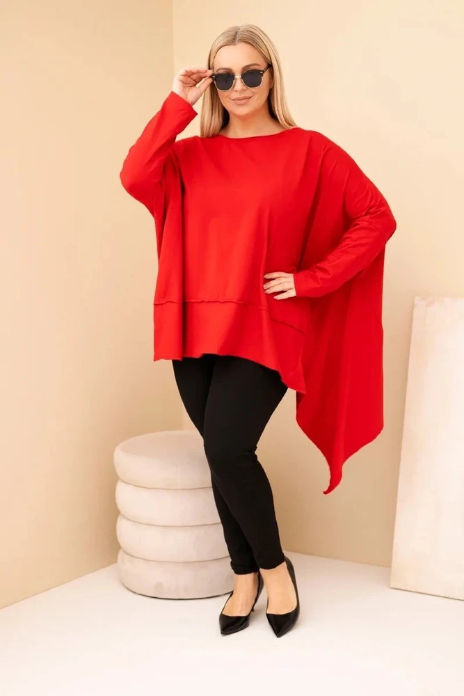 Moteriška Plus Size raudona tunika su asimetriniu apačios kraštu