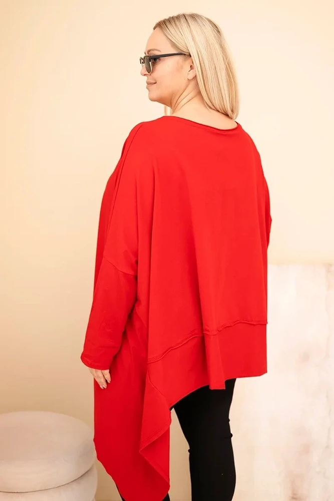 Moteriška Plus Size raudona tunika su asimetriniu apačios kraštu