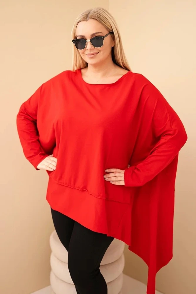 Moteriška Plus Size raudona tunika su asimetriniu apačios kraštu