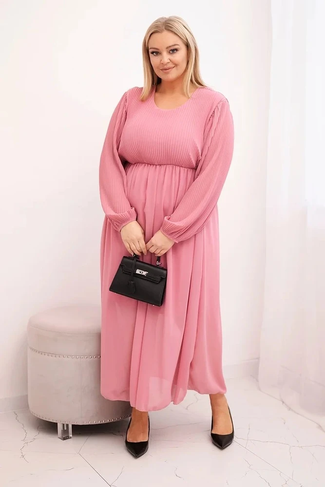 Moteriška Plus Size raukinių suknelė su ilgomis rankovėmis, rožinės spalvos