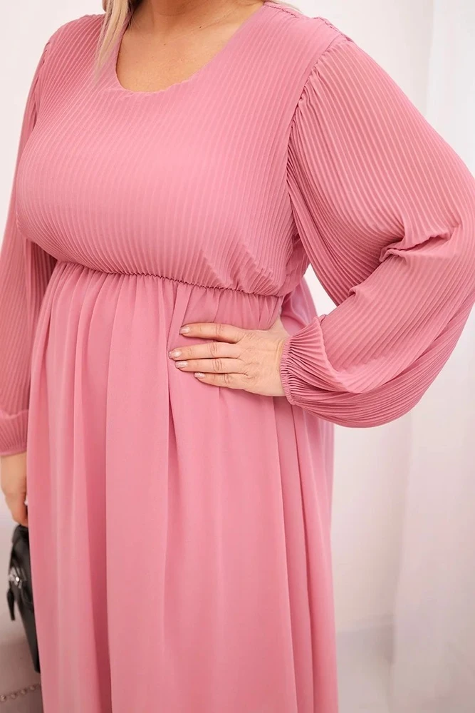 Moteriška Plus Size raukinių suknelė su ilgomis rankovėmis, rožinės spalvos