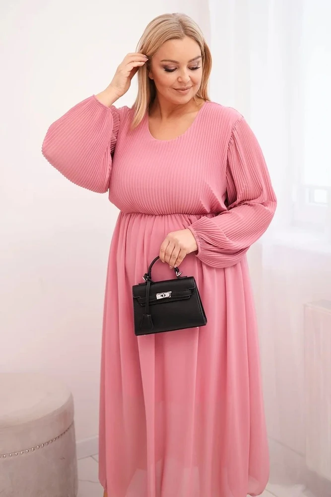 Moteriška Plus Size raukinių suknelė su ilgomis rankovėmis, rožinės spalvos