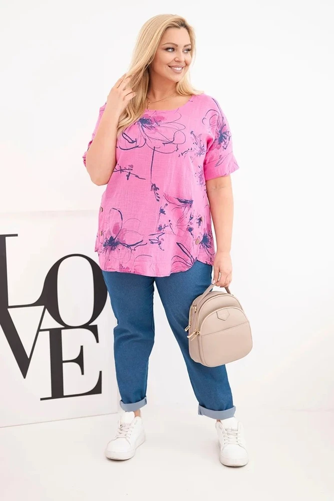 Moteriška Plus Size rožinė palaidinė trumpomis rankovėmis su kišene