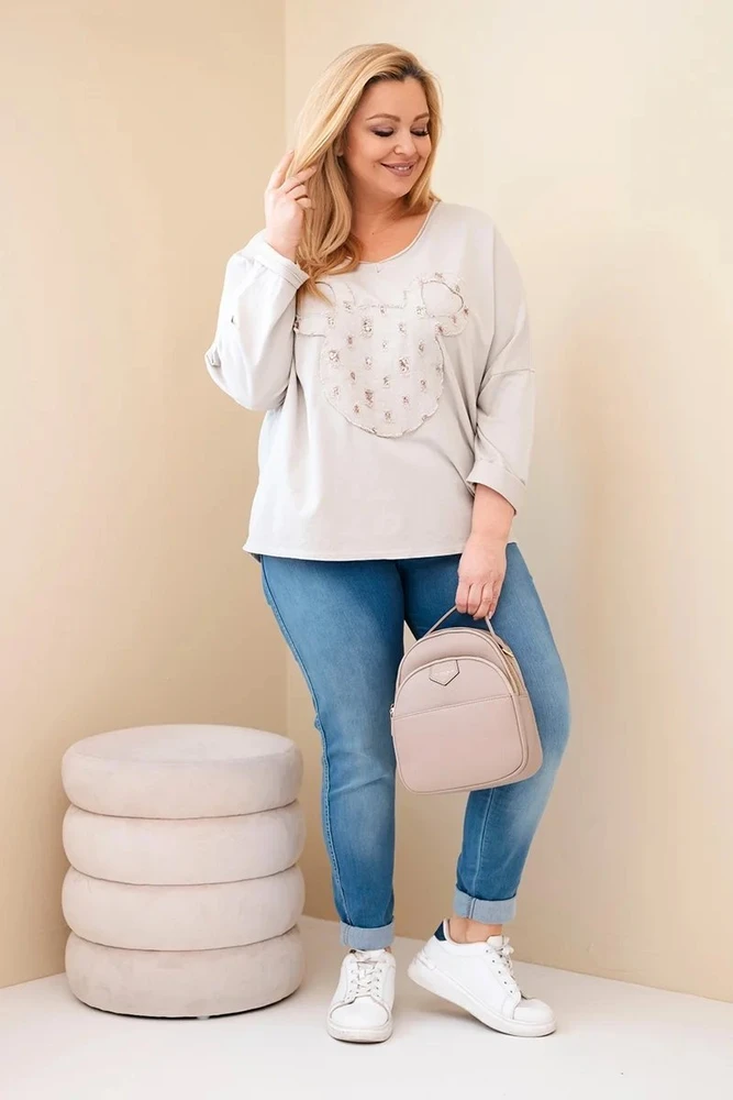 Moteriška Plus Size smėlio spalvos palaidinė V formos iškirpte