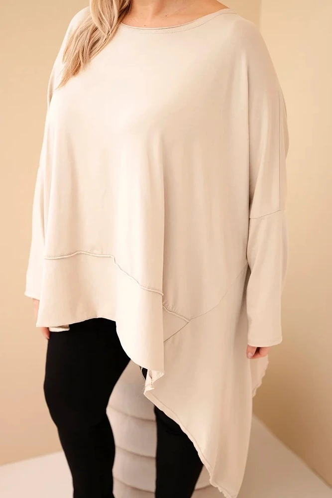 Moteriška Plus Size smėlio spalvos tunika su asimetriniu apačios kraštu