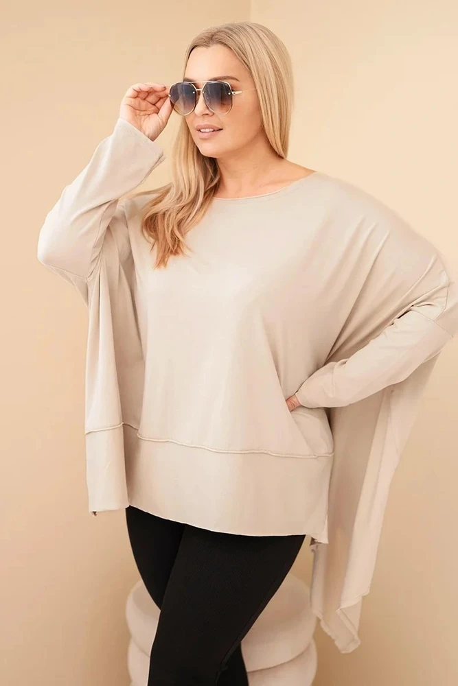Moteriška Plus Size smėlio spalvos tunika su asimetriniu apačios kraštu