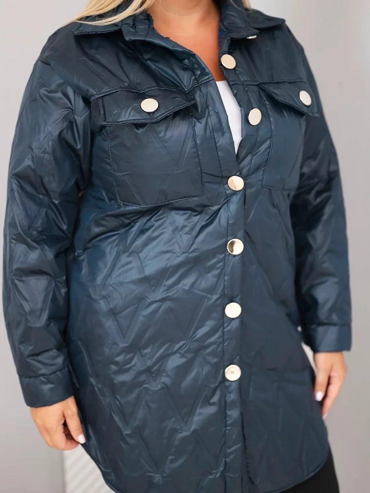 Moteriška Plus Size striukė su apykakle ir kišenėmis, tamsiai mėlyna
