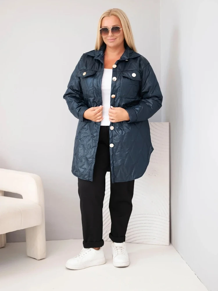 Moteriška Plus Size striukė su apykakle ir kišenėmis, tamsiai mėlyna