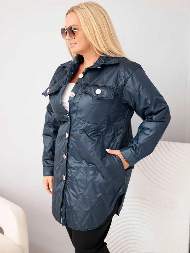 Moteriška Plus Size striukė su apykakle ir kišenėmis, tamsiai mėlyna