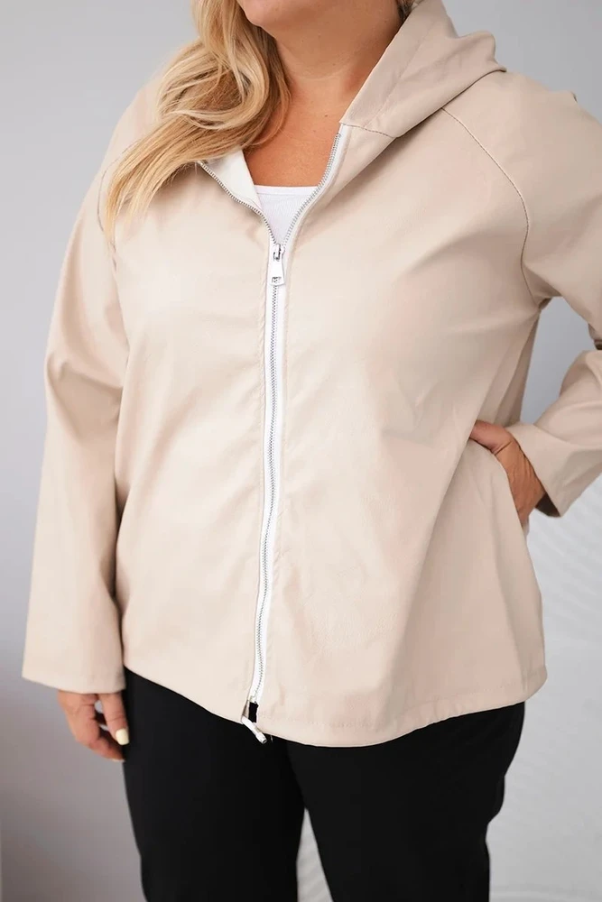 Moteriška Plus Size striukė su gobtuvu ir reguliuojama apačia, smėlio spalvos